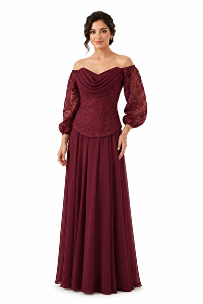 unbranded Women's Burgundy Lace Off Shoulder Maxi Evening Dress with Draped N...