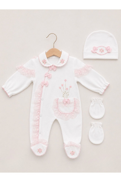 Kardeşler Bebe Lace Floral Embroidered Baby Girl Jumpsuit Beanie Glove Set