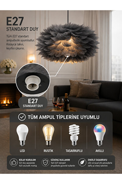 Luna Lighting Flora Model Gri Tüylü Kumaş Modern Estetik Tekli Sarkıt Avize