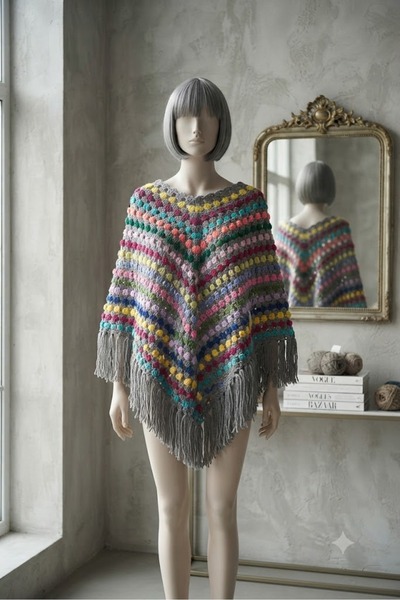 eL&Ma Design El Örgüsü Etnik Otantik Gri Çok Renkli Panço