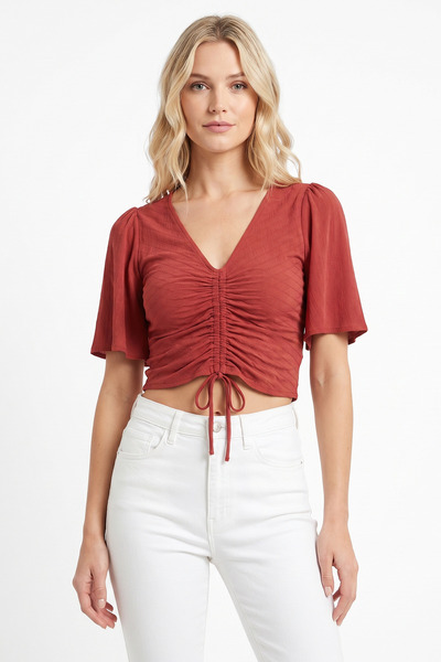 SCREENSHOT Women S V-Neck Smocked Short Sleeve Crop Blouse / with Different C...