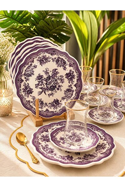 Onedekor 18 Parça Vintage Purple Pasta Çay Takımı Seti