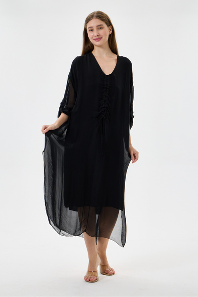 della moor Italian Black Collar Gathered Folded Long Sleeve Lined Long Silk D...