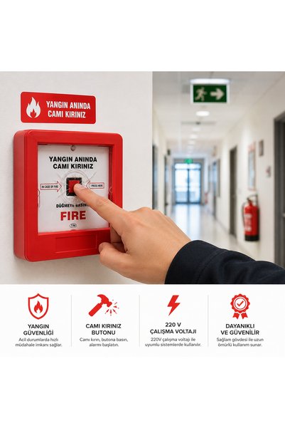 Masfitech ZERPA Yangın İhbar Butonu Cam Kırınız Tipi 220V Yangın Muhbiri Acil...