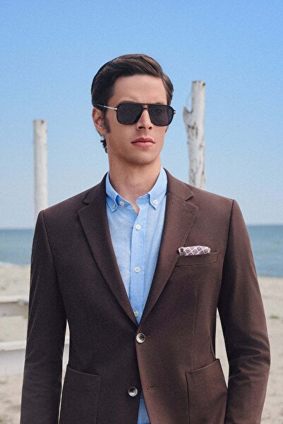 İmza Blue Linen Buttoned Collar Long Sleeve Slim Fit 100% Linen Shirt 1004260161