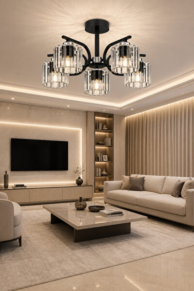 ESSLİGHT Nehir 5’li Kristal Taşlı Modern Salon Mutfak Yatak Odası Avizesi