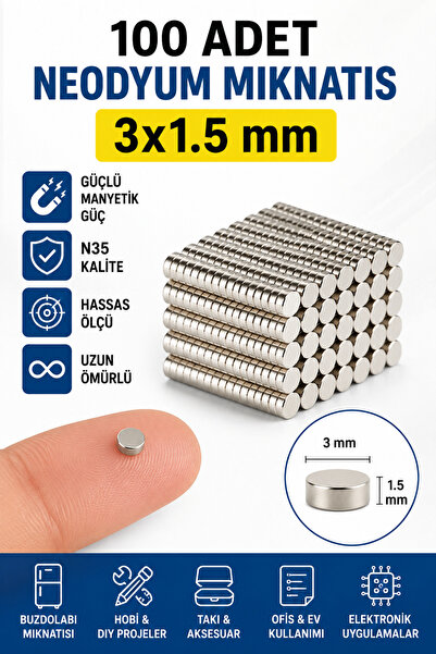 Dünya Magnet 100 Adet Neodyum Mıknatıs 3x1,5 mm N35 Güçlü Yuvarlak Magnet Min...