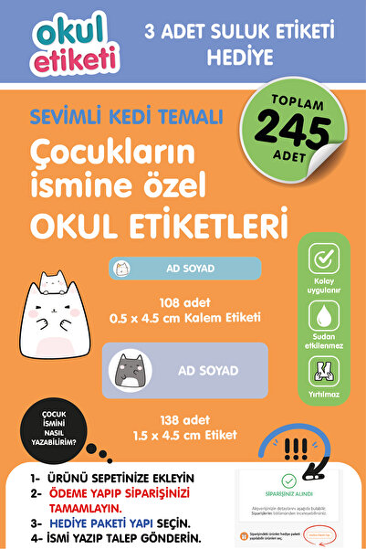 OKUL ETİKETİ BASKI OKUL ETİKETİ SEVİMLİ KEDİ TEMALI MİDİ PAKET İSME ÖZEL OKUL...
