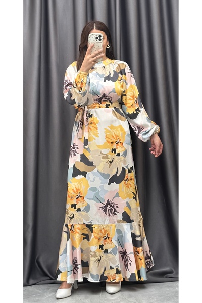 NİSUM MODA Floral Patterned Satin Hijab Dress