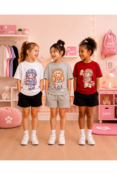 JAWÜ STYLE 3LÜ Kombin ANİME Baskılı T-shirt Şort TAKIM (3TAKIM)