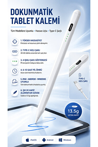 Phonextra Dokunmatik Tablet Kalemi Tüm Modellere Uyumlu Hassas Uçlu Type-C Şa...