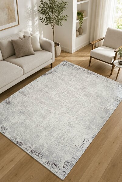 Serente Home Soyut Desenli Yıkanabilir Kaymaz Taban Açık Gri Bej Şönil Antre ...