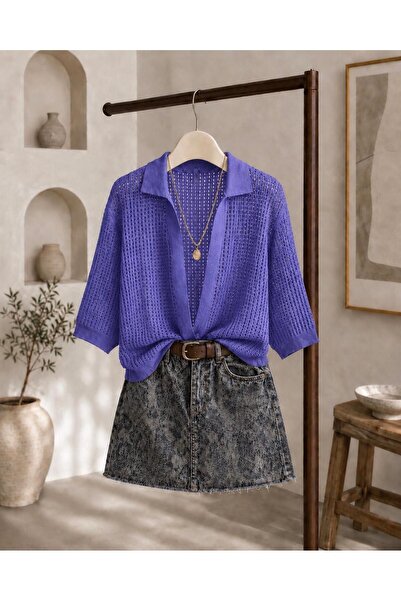 sumoda Women's Mercerized Short Sleeve Mesh Polo Collar Spring Summer Cardigan