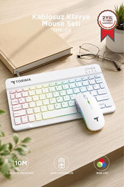 Torima Kablosuz Klavye Mouse Seti Rgb Işıklı Şarj Edilebilir TMK09 Beyaz