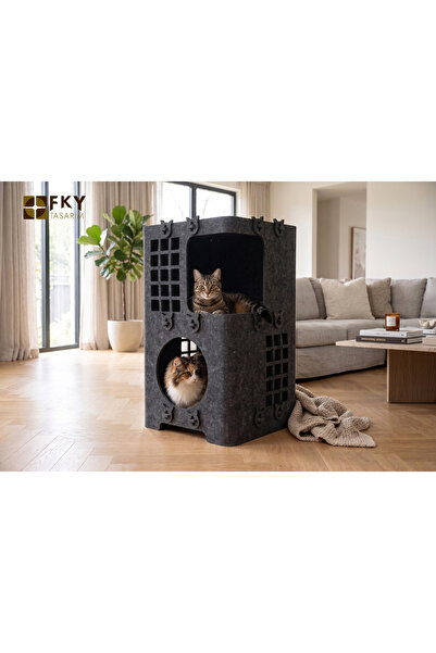 Fky Tasarım Gri Ketoki İki Katlı Kedi Evi