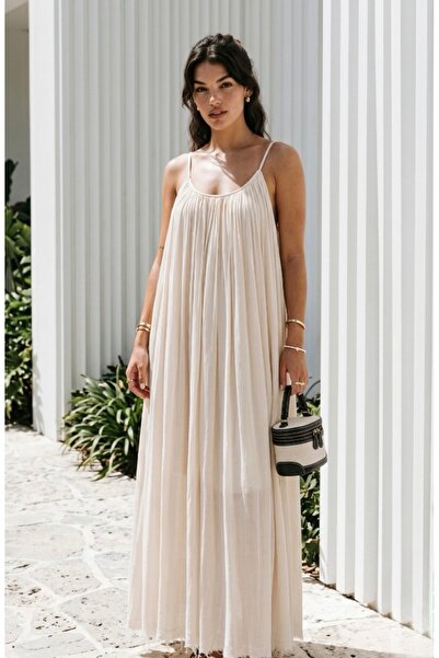 FEMMESTUDIO Women's Ecru Rope Strap Maxi Dress with Pleated Detail