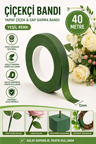 Hobialem Çiçekçi Bandı 40 metre Yeşil Renk Yapay Çiçek Latex Köpük Çiçek Sapı...