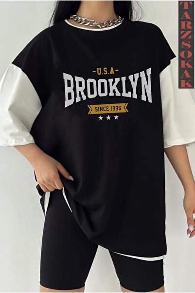 Tarzsokak Crna prevelika dvobojna unisex majica sa BROOKLYN printom