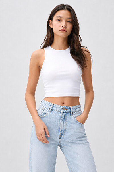 PUNKY CAT Kadın Beyaz Bisiklet Yaka Crop Top Kolsuz Kaşkorse