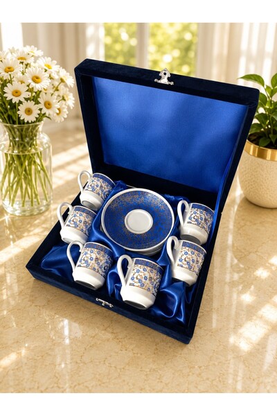 Nihal Süeda Velvet Boxed Gold Gilded Special Pattern Set of Six Porcelain Cups