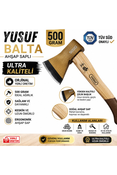 YUSUF Balta Ahşap Saplı 500 Gram Tüv Süd Onaylı Balta Ultra Kaliteli Orjinal ...