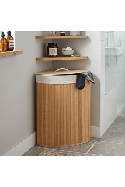 Bathroom Solutions Coș de rufe din bambus, formă triunghiulară, cu capac - Ex...