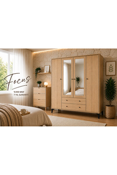 VENATTO Focus 4 Kapılı, 2 Çekmeceli Aynalı Dolap (MEŞE) (%100MDF)