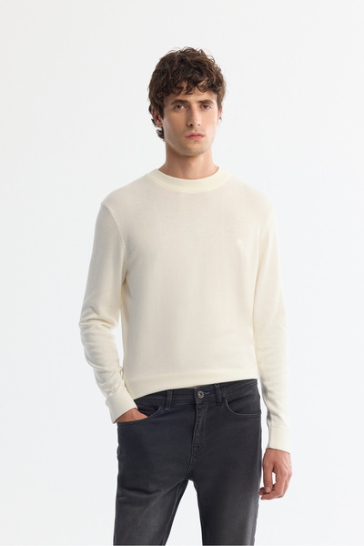 Avva Pulover pentru bărbați Ecru guler rotund amestec de viscoză basic Tricot...