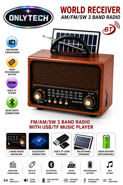 OnlyTech Güneş Enerjili Bluetooth, Nostalji , Fm/am/sw 3 Band Radyo ,usb, Sd ...