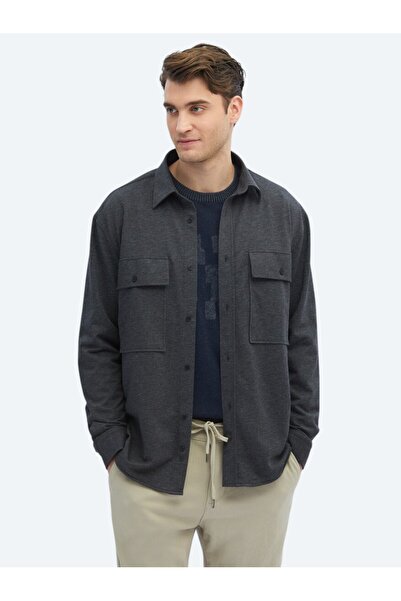 Kip Anthracite Plain Oversize Fit Casual Cotton Blended Shirt