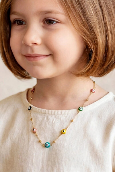SEVGİLİ TAKI Children's Steel Necklace with Evil Eye Beads - Lover Jewelry Co...