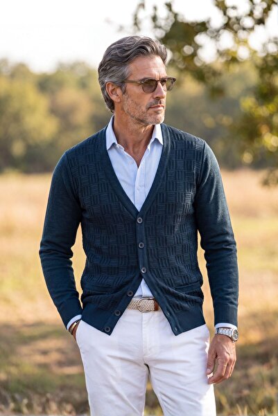 Çizgi Triko Men's Buttoned Petrol Cardigan with Pockets, Crinkled Steel Knit,...