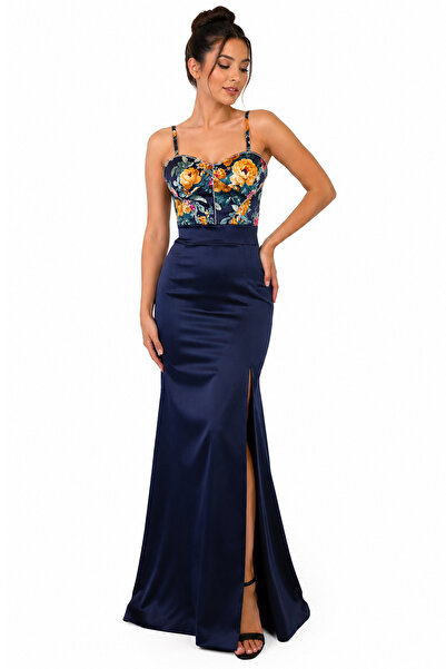 Atelier Anca Socolovschi Rochie lungă, bleumarin, cu flori și crăpătură pe pi...