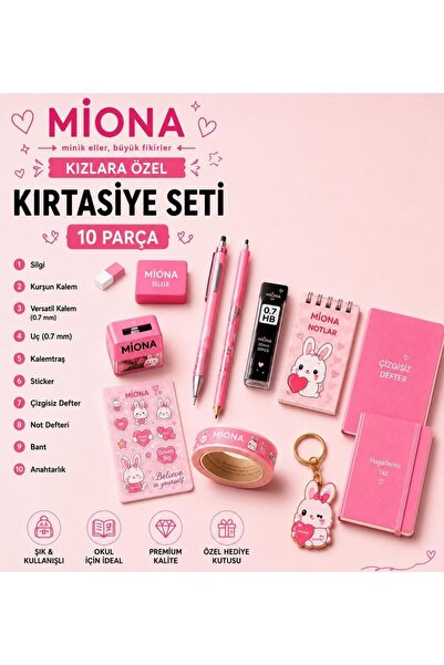 Miona Kırtasiye Seti Kızlara Özel 10 Parça(Görsel Tamamen Temsilidir.)