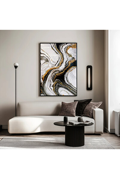 MallDeco Tablou Canvas Marmura Abstracta Negru cu Auriu, cu Decor Acrilic