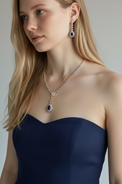 FUYA JEWELLERY Zirkon Taşlı Su Yolu Kolye, Küpe Set