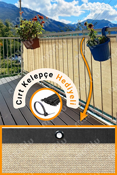 Morilu %95lik KREM Balkon PERDESİ - SİYAH Şeritli Halkalı - Balkon Demiri Fil...