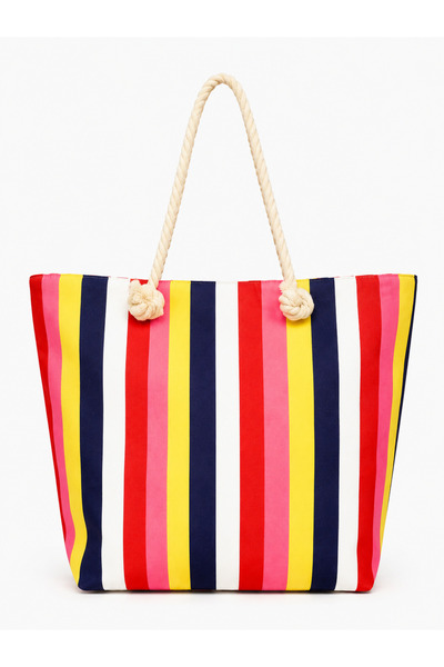MYZİ STORE Women's Colorful Striped Zippered Large Size Beach Bag with Rope H...