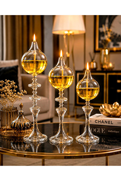 Shabbo Glass Ayaklı Drops Düğmeli Şamdan Cam Kandil 3'lü Set Kandil Yağı Üçlü