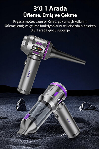 EZERE TurboVac 20000pa Güçlü Dijital Göstergeli Vakumlu Kablosuz Üflemeli Mini Araç Süpürgesi