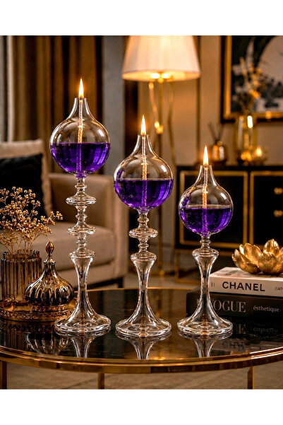 Shabbo Glass Ayaklı Drops Düğmeli Şamdan Cam Kandil 3'lü Set Kandil Yağı Üçlü