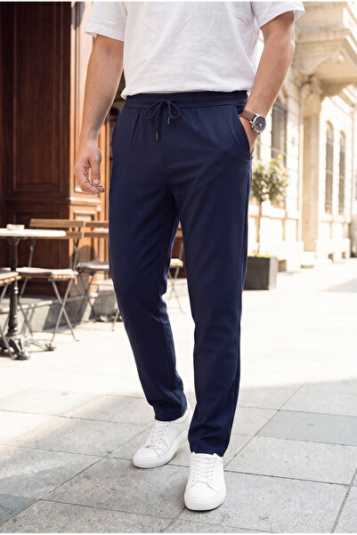 uyguntarz Men's Navy Blue Premium Comfortable Fit Elastic Waist Lace-Up Fabri...