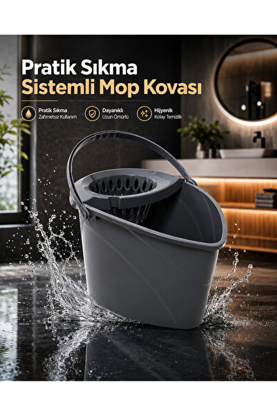 Fanatik Klasik Smart Mop Temizlik Kovası Sıkma Hazneli 14 LT - Koyu Gri Renk