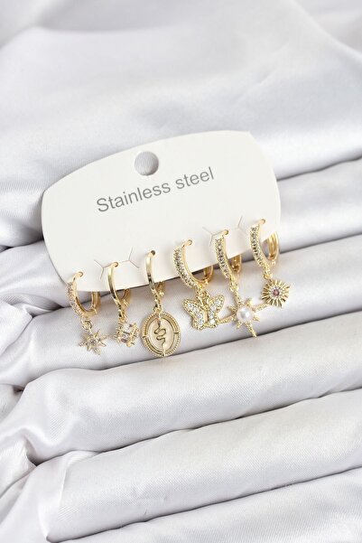 Inure Jewelry طقم أقراط نسائية من الفولاذ 316L باللون الذهبي مع تفاصيل من حجر...