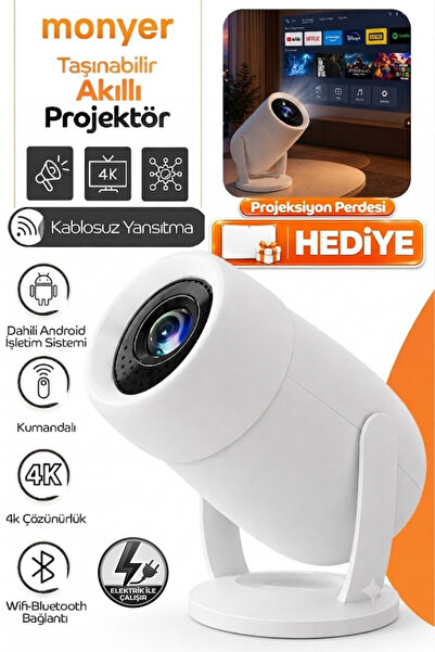 Monyer Taşınabilir 4K Android Projektör Wifi Bluetooth Destekli Akıllı Sinema...