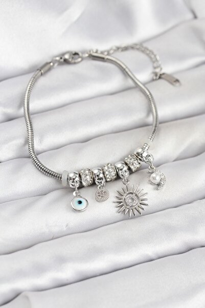 Inure Jewelry سوار نسائي من النحاس الفضي اللون مع تعويذة الشمس