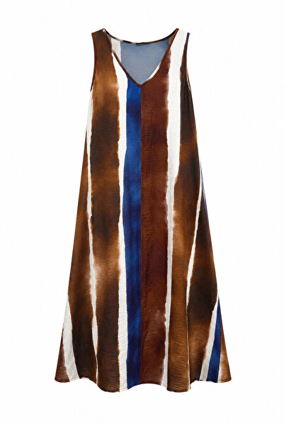 Zelish My Sister Coffee vertical stripe pattern v-neck dress