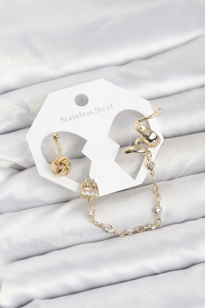 Inure Jewelry طقم أقراط على شكل ثعبان من النحاس بلون ذهبي مع سلسلة متصلة