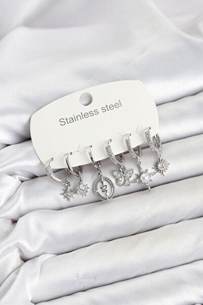 Inure Jewelry 316L Steel Silver Color Zircon Stone Charm Detailed Women's Ear...