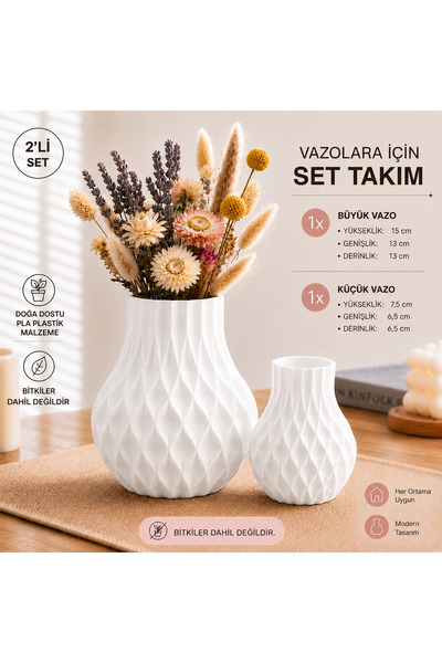 Basart Dekoratif 2'li Vazo Seti | 3D Baskı PLA Modern Tasarım Çiçeklik | Büyü...